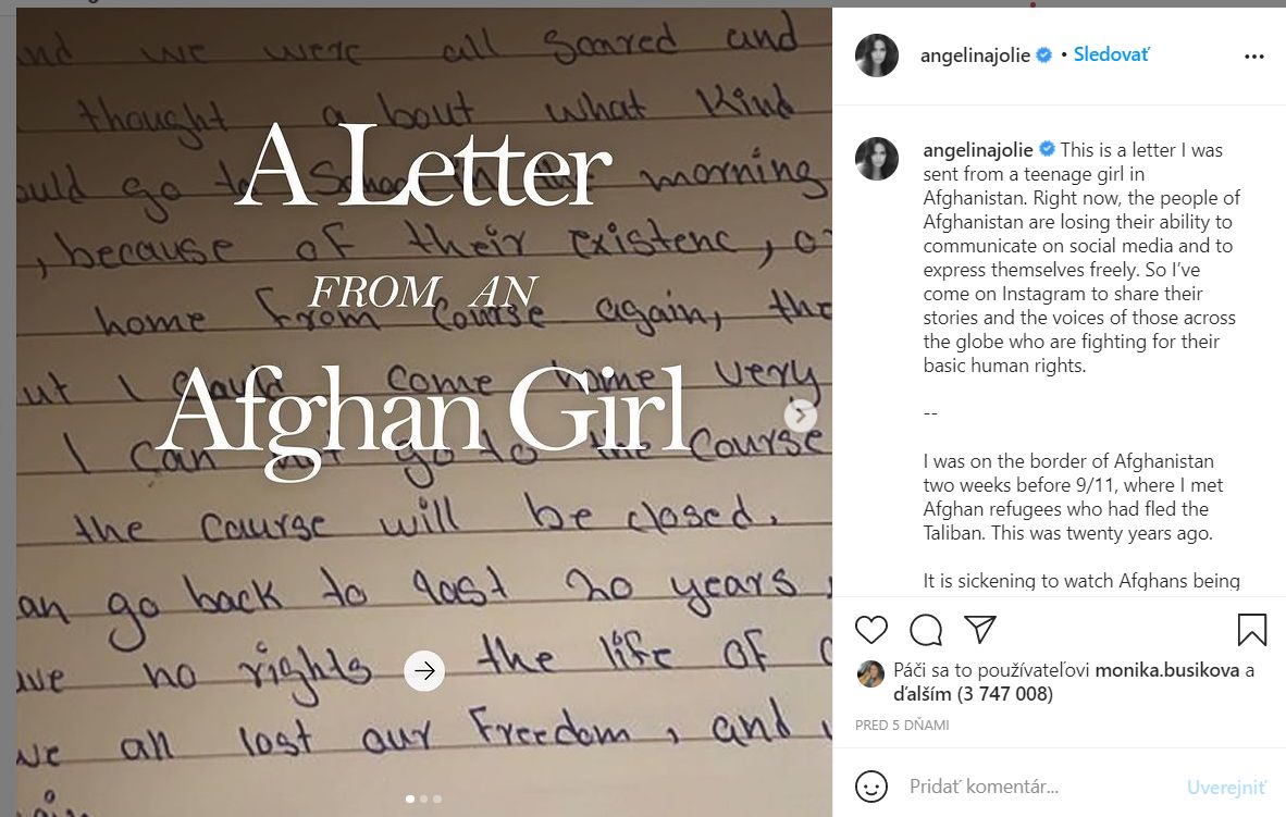 List, ktorý herečka zverejnila na svojom účte. Zdroj: Instagram/angelinajolie